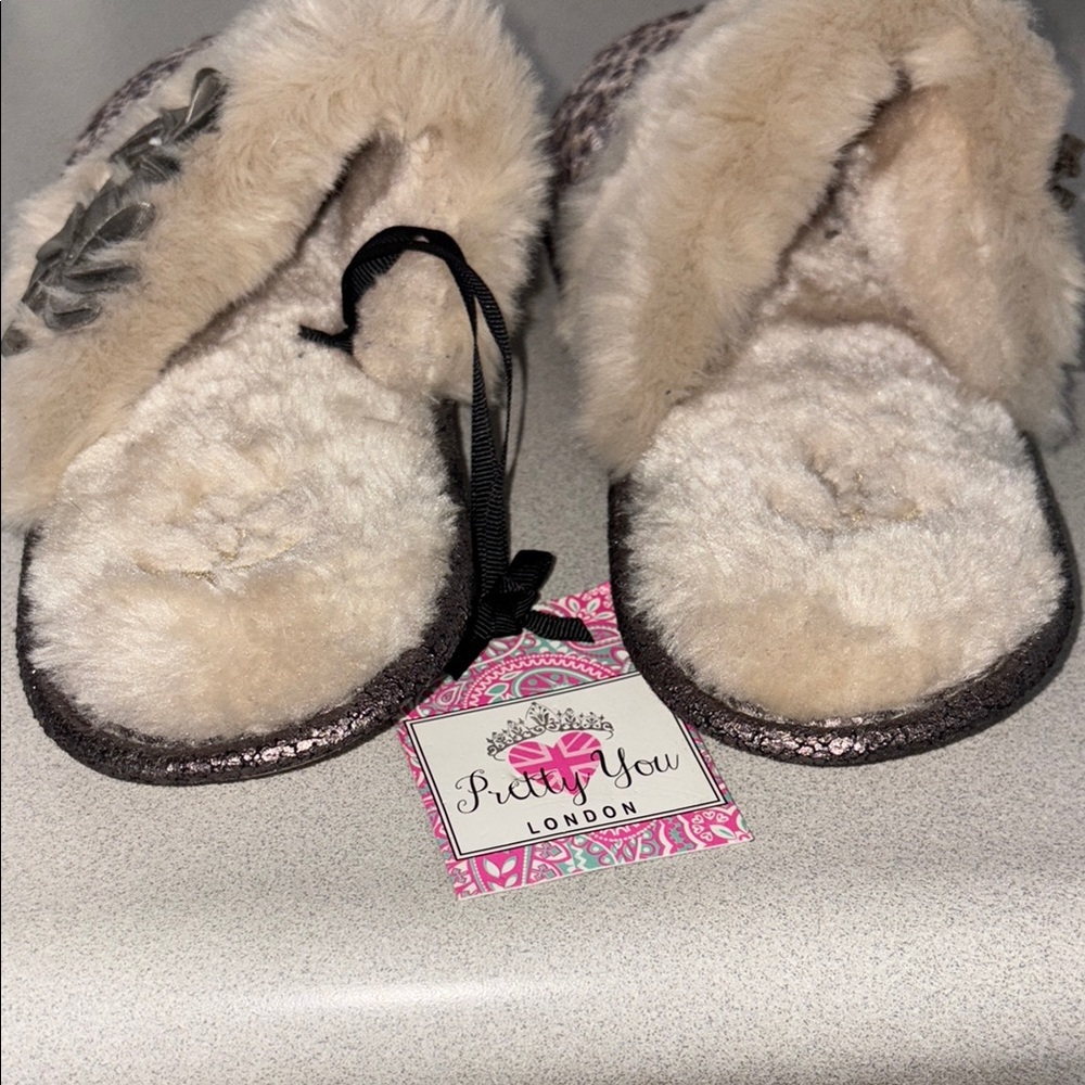 Leopard Print Sequin Brown and Cream Cozy Slippers with Plush Trim - Picture 2 of 6